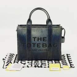 Pre Owned Marc Jacobs Navy Blue Denim Printed Leather Medium The Tote Bag