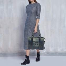 Pre Owned Marc Jacobs Navy Blue Denim Printed Leather Medium The Tote Bag