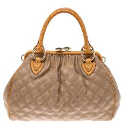 Pre Owned Marc Jacobs Light Brown/Mustard Quilted Coated Fabric and Ostrich Stam Satchel