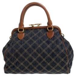 Pre Owned Marc Jacobs Blue/Tan Quilted Denim Mini Stam Satchel
