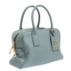 Pre Owned Marc Jacobs Pale Blue Leather Logo Shot Charm Boston Bag