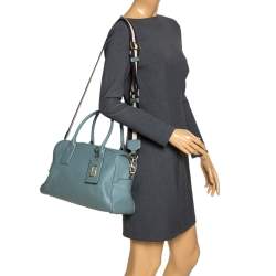 Pre Owned Marc Jacobs Pale Blue Leather Logo Shot Charm Boston Bag