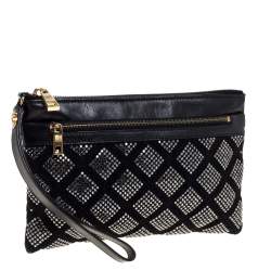 Pre Owned Marc Jacobs Black Crystal Embellished Quilted Suede and Leather Pouch