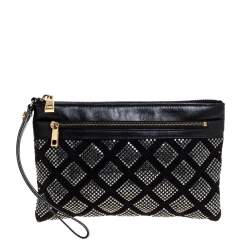Pre Owned Marc Jacobs Black Crystal Embellished Quilted Suede and Leather Pouch