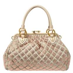 Pre Owned Marc Jacobs Ivory Crystal Embellished Suede and Leather Stam Satchel