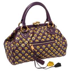 Pre Owned Marc Jacobs Purple/Gold Quilted Print Leather Stam Satchel