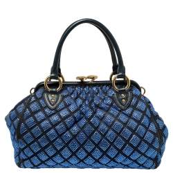 Pre Owned Marc Jacobs Blue Crystal Embellished Quilted Suede and Leather Stam Satchel