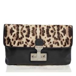 Marc Jacobs Grey/Brown Leopard Print Calfhair and Leather Safari Vip Clutch