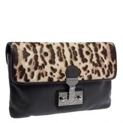 Marc Jacobs Grey/Brown Leopard Print Calfhair and Leather Safari Vip Clutch