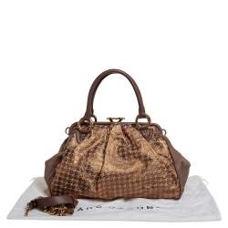 Pre Owned Marc Jacobs Brown/Gold Houndstooth Print Leather and Calfhair Stam Satchel