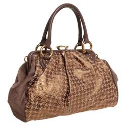 Pre Owned Marc Jacobs Brown/Gold Houndstooth Print Leather and Calfhair Stam Satchel