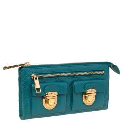 Pre Owned Marc Jacobs Teal Blue Quilted Leather Double Pocket Zip Clutch