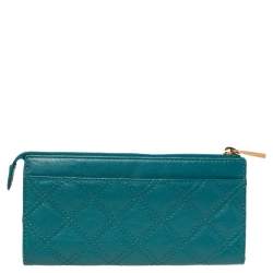 Pre Owned Marc Jacobs Teal Blue Quilted Leather Double Pocket Zip Clutch