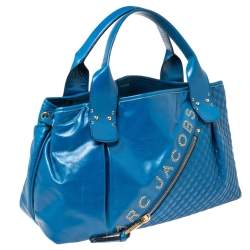 Pre Owned Marc Jacobs Blue Quilted Glossy Leather Eyelet Logo Tote