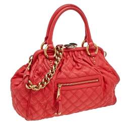 Pre Owned Marc Jacobs Bright Orange Quilted Leather Stam Satchel