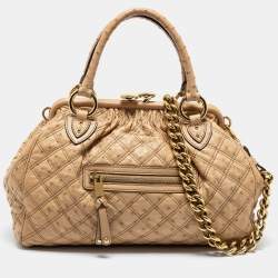 Pre Owned Marc Jacobs Beige Quilted Ostritch Leather Stam Satchel