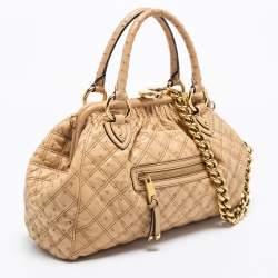 Pre Owned Marc Jacobs Beige Quilted Ostritch Leather Stam Satchel