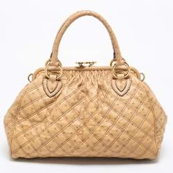 Pre Owned Marc Jacobs Beige Quilted Ostritch Leather Stam Satchel