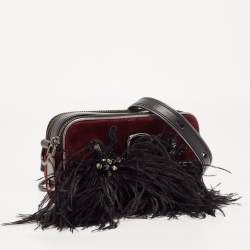 Pre Owned Marc Jacobs Black/Burgundy Velvet and Feather Snapshot Camera Crossbody Bag 