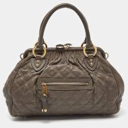Pre Owned Marc Jacobs Khaki Beige Quilted Leather Stam Satchel