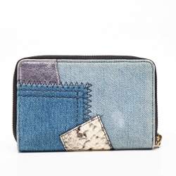 Pre Owned Marc Jacobs Blue/Multicolor Denim Patchwork Wristlet Zip Around Wallet