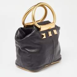 Pre Owned Marc Jacobs Black/Gold Leather Studded Ring Handle Tote
