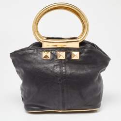 Pre Owned Marc Jacobs Black/Gold Leather Studded Ring Handle Tote