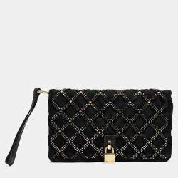 Pre Owned Marc Jacobs Black Suede and Satin Crystals Embellished Flap Clutch