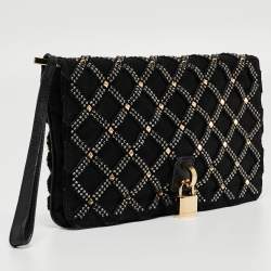 Pre Owned Marc Jacobs Black Suede and Satin Crystals Embellished Flap Clutch