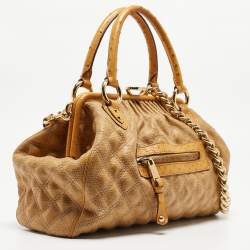 Pre Owned Marc Jacobs Yellow Quilted Coated Canvas and Ostrich Stam Satchel