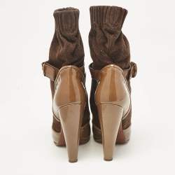 Marc Jacobs Olive Green/Brown Suede and Patent Leather 'Sock' Ankle Boots Size  37