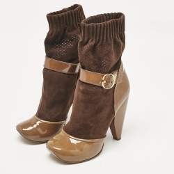 Marc Jacobs Olive Green/Brown Suede and Patent Leather 'Sock' Ankle Boots Size  37