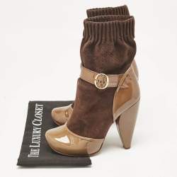 Marc Jacobs Olive Green/Brown Suede and Patent Leather 'Sock' Ankle Boots Size  37