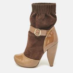 Marc Jacobs Olive Green/Brown Suede and Patent Leather 'Sock' Ankle Boots Size  37