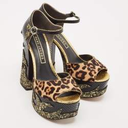 Marc Jacobs Multicolor Calf Hair and Python Embossed Leather Ankle Strap Sandals Size 38.5