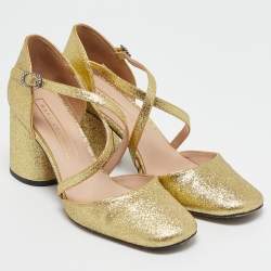 Marc Jacobs Gold Glitter Block Heel Criss Cross Ankle Strap Sandals Size 38