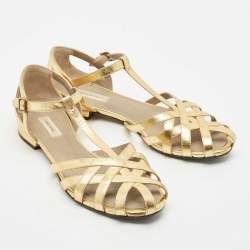 Marc Jacobs Gold Leather T Strap Flat Sandals Size 40.5