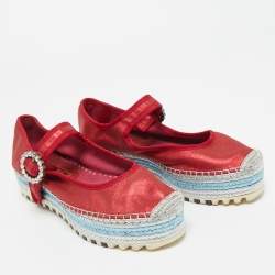 Pre Owned Marc Jacobs Metallic Red Nubuck Suzi Crystal Embellished Brooch Mary Jane Espadrille Platforms Side 37