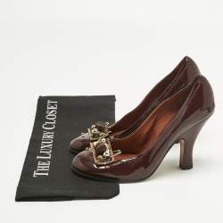 Pre Owned Marc Jacobs Burgundy Patent Leather Embellished Block Heel Pumps Size 37.5