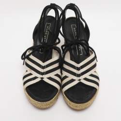 Pre Owned Marc Jacobs Black/White Stripe Canvas Dani Wedge Espadrilles Size 37