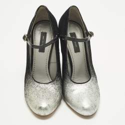 Pre Owned Marc Jacobs Size 37 Black/Silver Suede and Patent Mary Jane Pumps