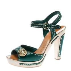 Marc Jacobs Green Leather Buckle Detail Ankle Strap Wooden Platform Sandals Size 36