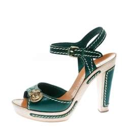 Marc Jacobs Green Leather Buckle Detail Ankle Strap Wooden Platform Sandals Size 36