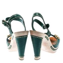 Marc Jacobs Green Leather Buckle Detail Ankle Strap Wooden Platform Sandals Size 36
