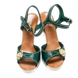 Marc Jacobs Green Leather Buckle Detail Ankle Strap Wooden Platform Sandals Size 36