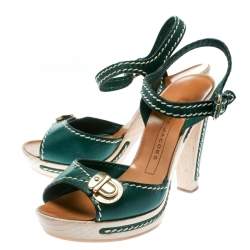 Marc Jacobs Green Leather Buckle Detail Ankle Strap Wooden Platform Sandals Size 36
