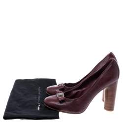 Pre Owned Marc Jacobs Dark Burgundy Bow Leather Wooden Heel Pumps Size 38.5