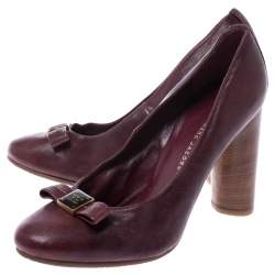 Pre Owned Marc Jacobs Dark Burgundy Bow Leather Wooden Heel Pumps Size 38.5