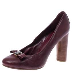 Pre Owned Marc Jacobs Dark Burgundy Bow Leather Wooden Heel Pumps Size 38.5