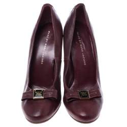 Pre Owned Marc Jacobs Dark Burgundy Bow Leather Wooden Heel Pumps Size 38.5